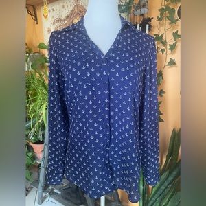 Express Women's Sz M Blue White Anchor Print Nautical Button Up Portofino Shirt